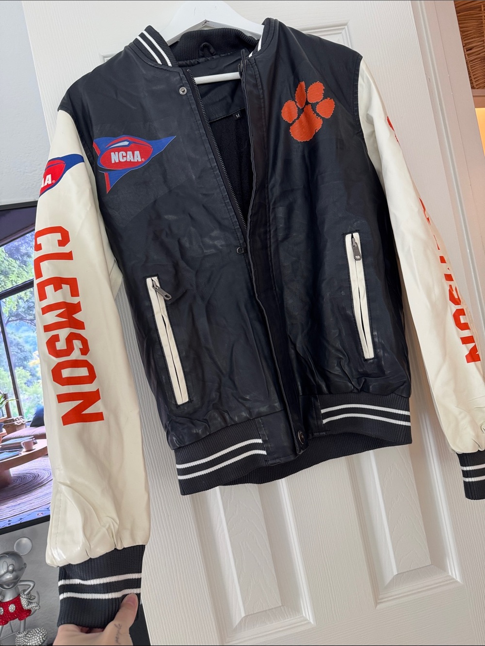 Clemson Black and White Varsity Jacket with Orange Paw Logo